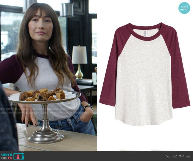 H&M Baseball Shirt in Burgundy Melange worn by Sarah (Maggie Q) on Pivoting