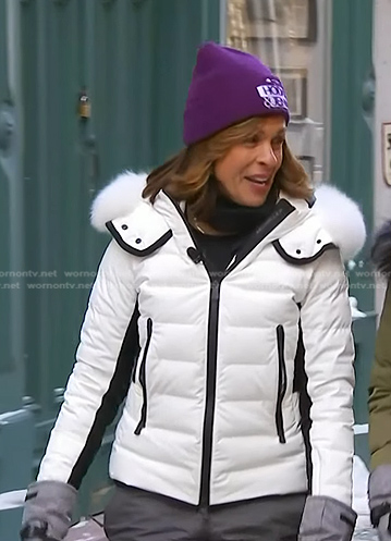Hoda’s white fur-trim puffer jacket on Today