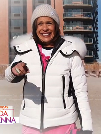 Hoda’s white fur-trim puffer jacket on Today