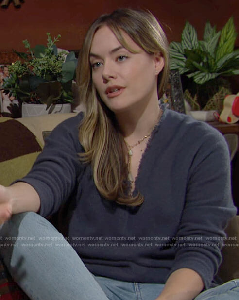 Hope’s blue fringed trim v-neck sweater on The Bold and the Beautiful