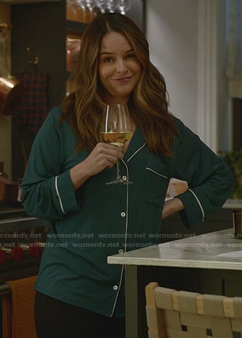 Izzy’s green pajama shirt with white piping on Bull