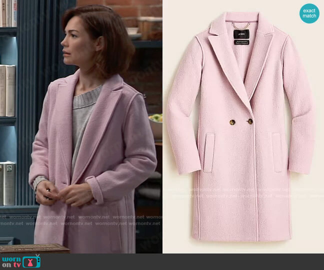 J. Crew Daphne topcoat in Italian boiled wool in Icy Orchid worn by Elizabeth Webber (Rebecca Herbst) on General Hospital