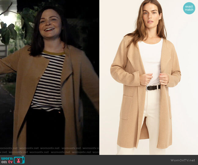 J. Crew Juliette Collarless Sweater-Blazer in Hthr Khaki worn by Jodie (Ginnifer Goodwin) on Pivoting