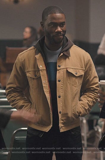 James’s tan denim jacket with corduroy collar on Single Drunk Female
