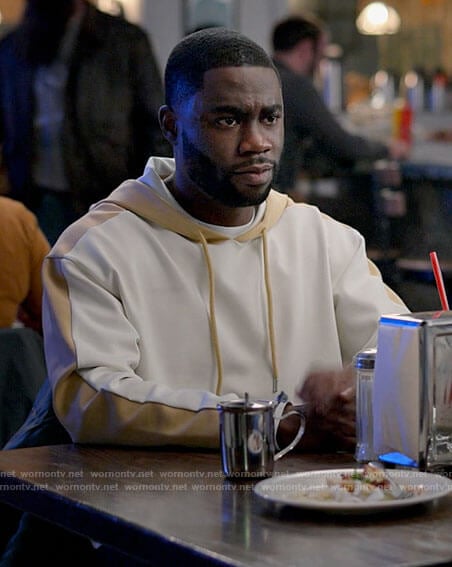 James’s white and tan colorblock hoodie on Single Drunk Female