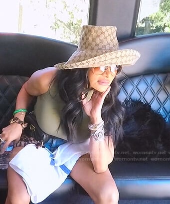 Jen’s beige gg print hat on The Real Housewives of Salt Lake City