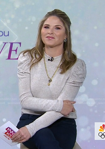 Jenna’s grey pearl embellished puff sleeve sweater on Today