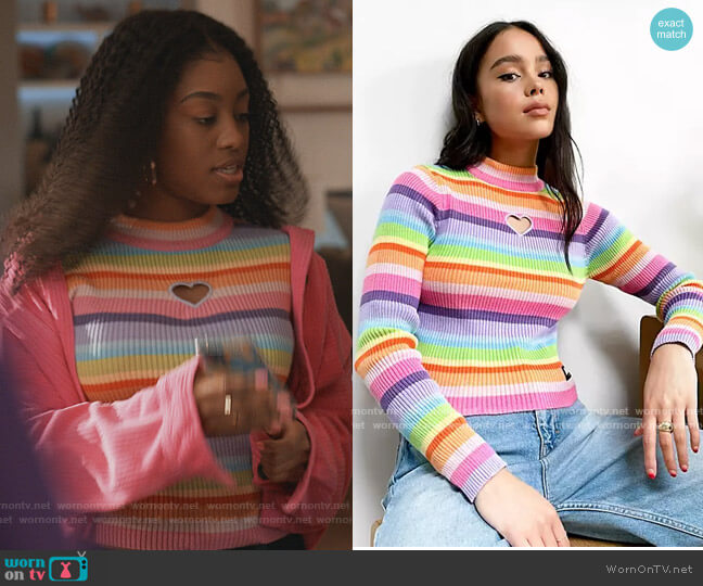 Minga London Fitted Ribbed Long Sleeve Top in rainbow stripe with heart cut out worn by Jojo (Precious Way) on Queens