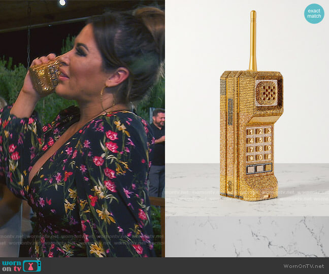 Judith Leiber Couture Brick Phone crystal-embellished gold-tone clutch worn by Emily Simpson on The Real Housewives of Orange County