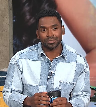Justin’s blue patchwork denim shirt on E! News Daily Pop