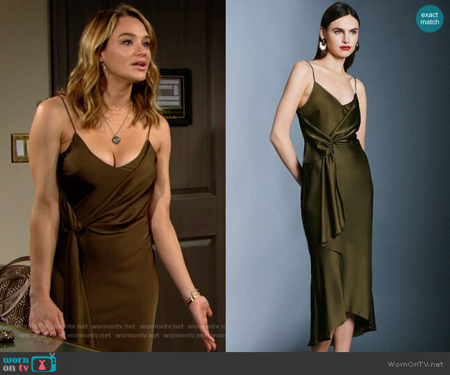Karen Millen Satin Wrap Tie Waist Dress in Khaki worn by Summer Newman (Hunter King) on The Young and the Restless