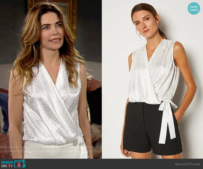 Karen Millen Sleeveless Animal Satin Bodysuit worn by Victoria Newman (Amelia Heinle) on The Young and the Restless