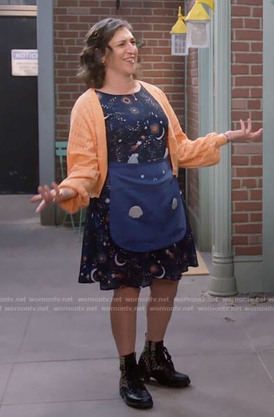 Kat’s space print dress, orange cardigan and leopard combat boots on Call Me Kat