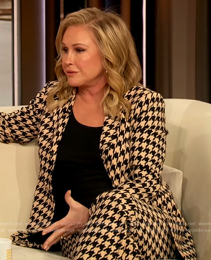 Kathy Hilton’s houndstooth print blazer and pants on The Drew Barrymore Show