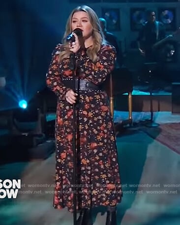 Kelly’s black floral print dress on The Kelly Clarkson Show