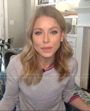 Kelly’s grey striped trim sweatshrit on Live with Kelly and Ryan