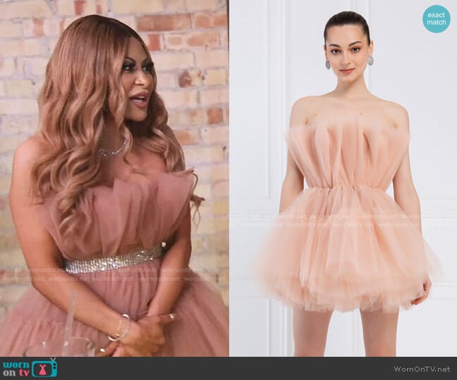Kikiriki Off the Shoulder Tulle Mini Dress in Nude worn by Jen Shah on The Real Housewives of Salt Lake City