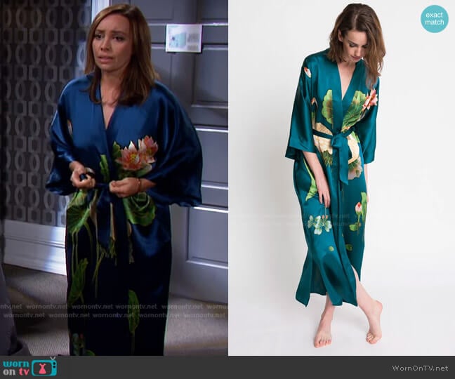 Kim + Ono Handpainted Crane Kimono worn by Gwen Rizczech (Emily O'Brien) on Days of our Lives