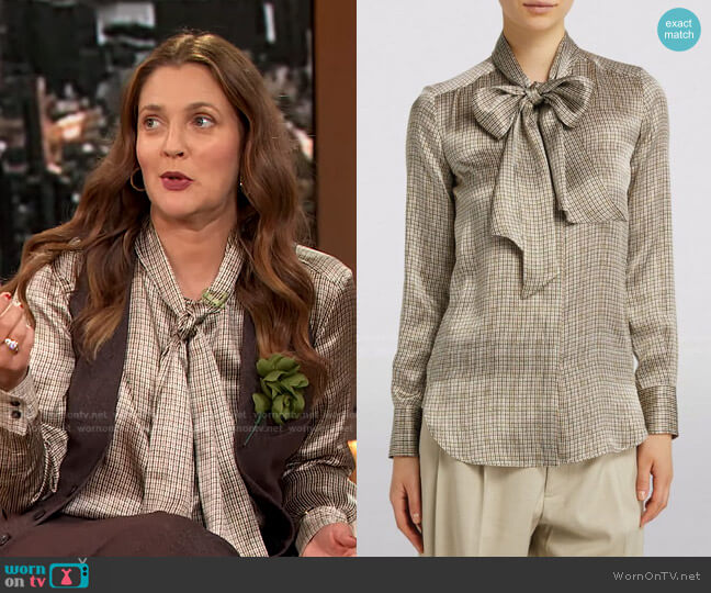 Kiton Silk Pussybow Blouse worn by Drew Barrymore on The Drew Barrymore Show