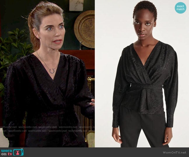 The Kooples Jacquard Draped Leopard Print Top worn by Victoria Newman (Amelia Heinle) on The Young and the Restless