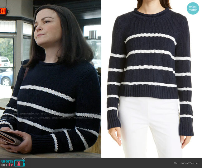 La Ligne Marin Cotton Sweater in Navy / Cream worn by Jodie (Ginnifer Goodwin) on Pivoting