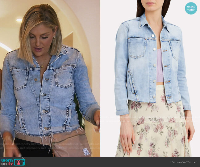 L'Agence Janelle Cropped Denim Jacket in Marble worn by Gina Kirschenheiter on The Real Housewives of Orange County