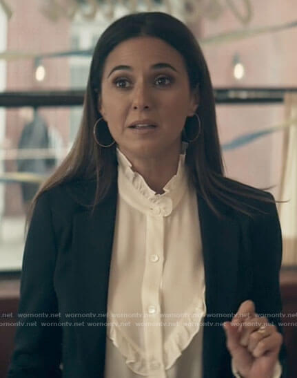 Lana’s white ruffled blouse and black blazer on Superman and Lois