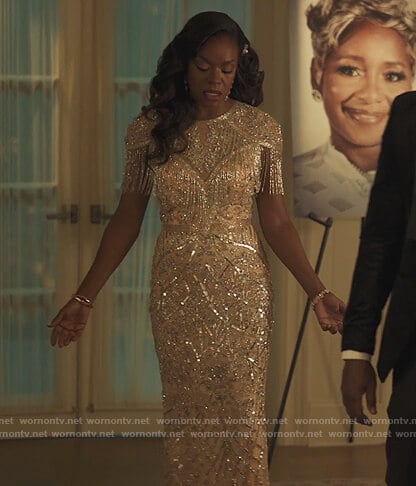 Leah’s pink embellished gown on Our Kind of People