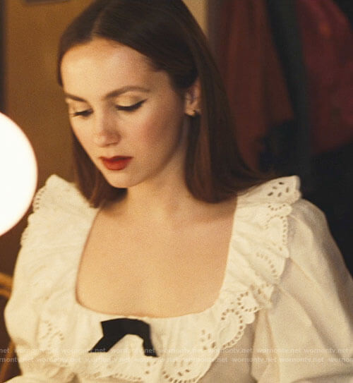 Lexi’s white eyelet ruffle trim top with bow on Euphoria
