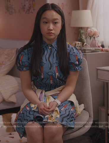 Lily’s blue lipstick print mini dress on And Just Like That