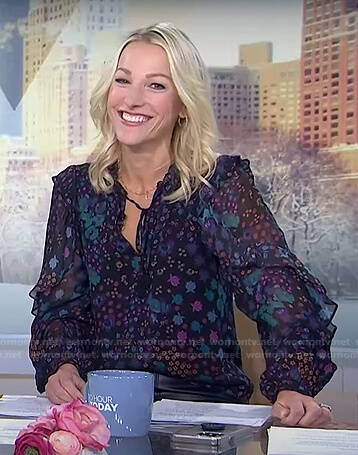 Lindsay Czarniak’s black floral ruffle blouse on Today