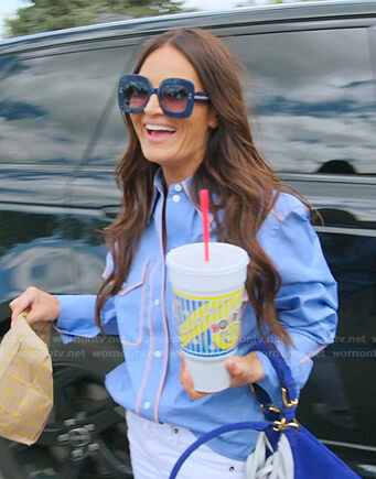 Lisa’s blue contrast piping shirt and sunglasses on The Real Housewives of Salt Lake City