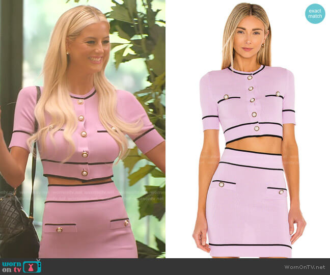 Lovers and Friends Pearl Short Sleeve Cardigan in Lilac & Black worn by Emma Hernan on Selling Sunset