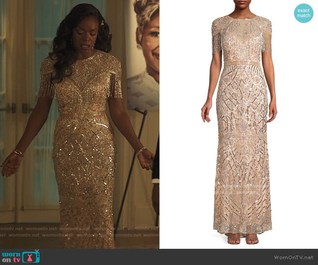 Mac Duggal Military Style Fringe Sheath Gown worn by Leah Franklin-Dupont (Nadine Ellis) on Our Kind of People