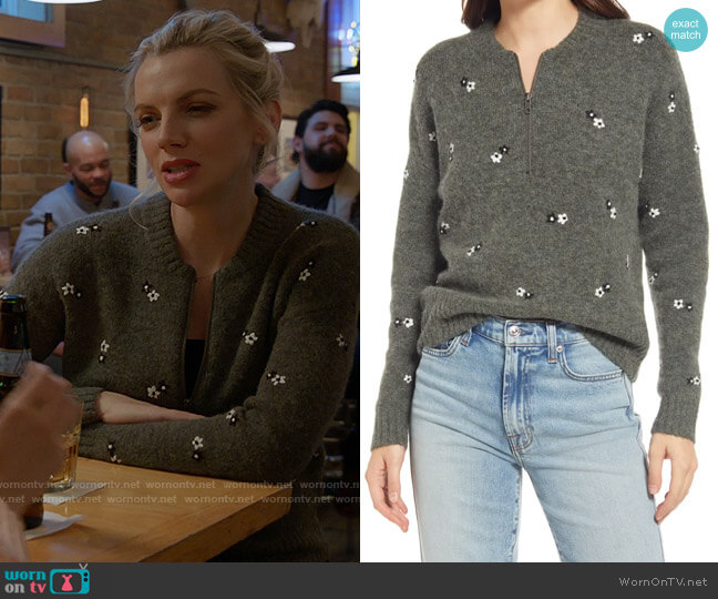 Madewell Embroidered Enfield Half-Zip Sweater in Heather Basil worn by Sylvie Brett (Kara Killmer) on Chicago Fire