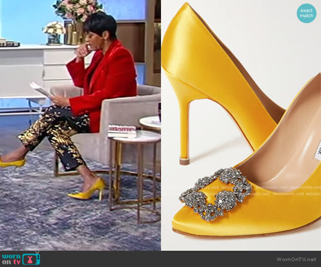 Manolo Blahnik Hangisi 105 embellished satin pumps worn by Tamron Hall on Tamron Hall Show