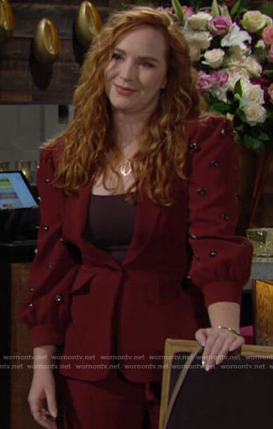 Mariah’s burgundy blazer with studded sleeves on The Young and the Restless