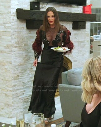 Meredith’s feather embellished mixed media dress on The Real Housewives of Salt Lake City