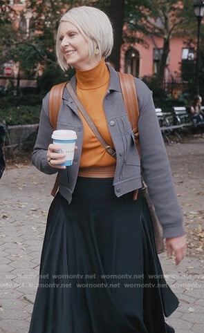 Miranda’s gray jacket and asymmetric skirt on And Just Like That