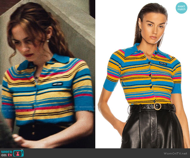 Miu Miu Short Sleeve Cardigan in Turchese worn by Lexi Howard (Maude Apatow) on Euphoria