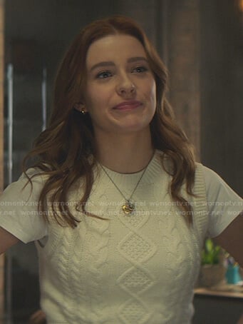 Nancy’s white cable knit vest on Nancy Drew