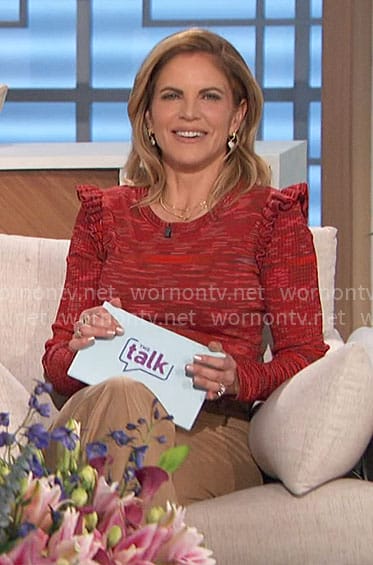 Natalie’s red space dye ruffle sweater on The Talk