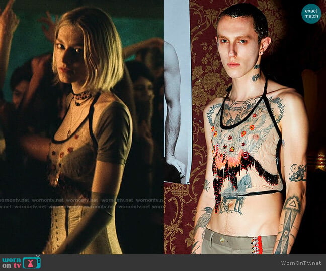 Nihl Beaded Sheer Halter worn by Jules Vaughn (Hunter Schafer) on Euphoria