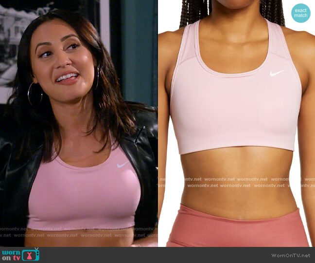 Nike Swoosh Dri-FIT Racerback Sports Bra in Pink Glaze / White worn by Valentina (Francia Raisa) on How I Met Your Father
