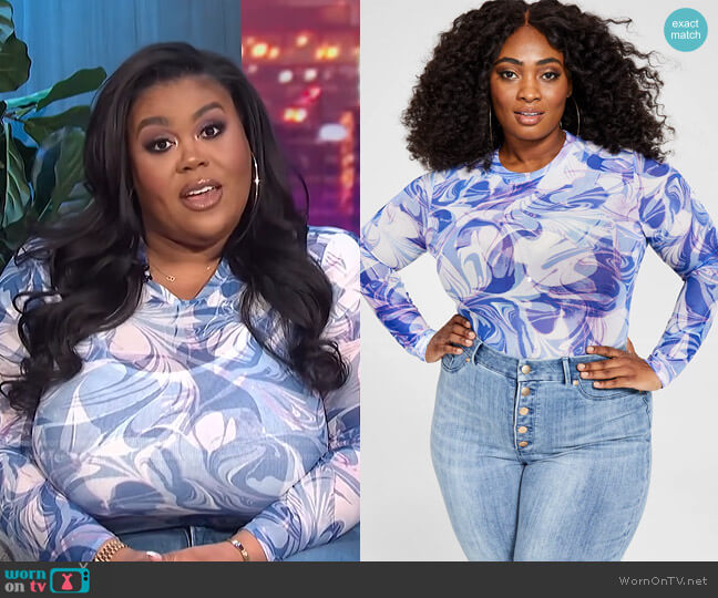 Nina Parker Plus Size Printed Mesh Bodysuit worn by Nina Parker on E! News