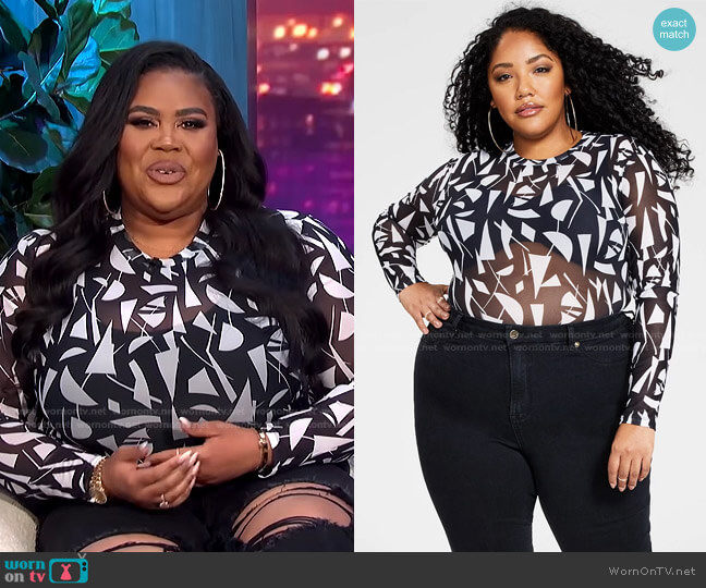 Nina Parker Printed Mesh Bodysuit worn by Nina Parker on E! News