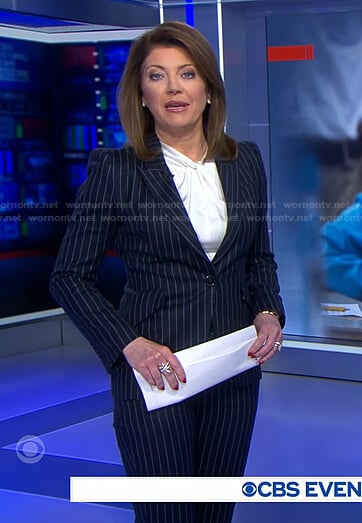 Norah’s navy pinstripe suit on CBS Evening News