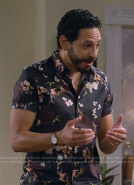 Oscar’s black floral shirt on Call Me Kat