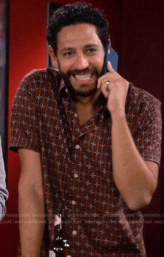 Oscar’s brown printed shirt on Call Me Kat