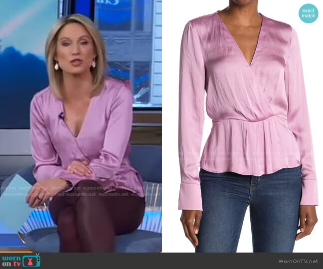 Paige Vistah Surplice Satin Peplum Blouse worn by Amy Robach on Good Morning America